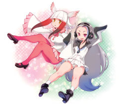 Rule 34 | 2girls, arm hug, arm up, ass, bird tail, bird wings, black footwear, blunt bangs, boots, breasts, cleavage, commentary request, empty eyes, eyebrows, forehead, full body, fur collar, giant penguin (kemono friends), gluteal fold, grey hair, head wings, headphones, jacket, japanese crested ibis (kemono friends), kemono friends, legs, locked arms, long hair, mary janes, miniskirt, multicolored hair, multiple girls, open mouth, panties, pantyhose, penguin tail, pink legwear, pink skirt, pleated skirt, purple eyes, red hair, ryoji (nomura ryouji), shoes, short hair, skirt, sleeves past wrists, small breasts, smile, socks, tail, thighs, two-tone hair, underwear, very long hair, white jacket, white panties, white skirt, wings, yellow eyes
