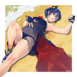 Rule 34 | absurdres, alternate costume, arm up, armpits, beach, bikini, bikini under clothes, blue bikini, blue eyes, blue footwear, blue gloves, border, cape, commentary, english commentary, eyelashes, fingerless gloves, fire emblem, fire emblem awakening, fire emblem heroes, flower, foot out of frame, frills, gloves, gold trim, hair between eyes, hair flower, hair ornament, highres, looking at viewer, lucina (fire emblem), lying, navel, nintendo, on back, parted lips, sandals, see-through, short hair, sidelocks, signature, solo, swimsuit, thefarelo, toeless footwear, toes, water, white border