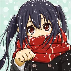 Rule 34 | 1girl, black hair, cat, coat, gloves, jungon, k-on!, long hair, lowres, nakano azusa, paw pose, red eyes, scarf, snow, twintails