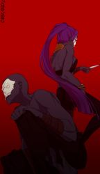 Rule 34 | 1boy, 1girl, assassin (fate/zero), black skin, colored skin, copyright name, dual persona, earrings, female assassin (fate/zero), hoop earrings, jewelry, kubimura, long hair, lots of jewelry, mask, necklace, ponytail, purple hair, red background