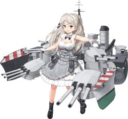 Rule 34 | 1girl, black footwear, blush, boots, breasts, brown eyes, cleavage, conte di cavour (kancolle), conte di cavour nuovo (kancolle), dress, full body, grey hair, high heel boots, high heels, jiji (aardvark), kantai collection, large breasts, long hair, long sleeves, machinery, official art, open mouth, rigging, smile, solo, transparent background, turret, white dress