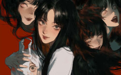 Rule 34 | 1girl, absurdres, bag, black eyes, black hair, closed mouth, evil smile, highres, holding, holding bag, horror (theme), kawakami tomie, long hair, looking at viewer, mole, mole under eye, multiple heads, open mouth, parted lips, qiuyanga, red background, ringed eyes, shirt, shopping bag, smile, tomie, white shirt