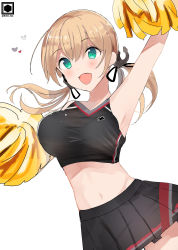 Rule 34 | 1girl, absurdres, aqua eyes, arm up, black skirt, blonde hair, blush, breasts, cheering, cheerleader, fujiyama ichiha, hair between eyes, heart, highres, kantai collection, large breasts, long hair, low twintails, no headwear, no headwear, open mouth, pleated skirt, pom pom (cheerleading), prinz eugen (kancolle), skirt, smile, solo, twintails, twitter username