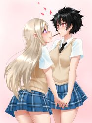 Rule 34 | 2girls, black hair, blonde hair, commentary, cowboy shot, eye contact, food, heart, holding hands, interlocked fingers, long hair, looking at another, multiple girls, necktie, original, plaid, plaid skirt, pleated skirt, pocky, pocky kiss, purple eyes, red eyes, shared food, short hair, simple background, skirt, smile, twrlare, yuri