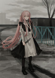 Rule 34 | 1girl, apron, bare tree, black bow, black dress, black footwear, black pantyhose, boots, bow, brown eyes, building, chihuri, cloud, cloudy sky, commentary request, day, dress, fence, frilled apron, frills, full body, hair between eyes, hair ribbon, highres, holding, holding knife, juliet sleeves, knife, long hair, long sleeves, looking at viewer, original, outdoors, overcast, pantyhose, parted lips, pink hair, ponytail, puffy sleeves, ribbon, shirt, sky, sleeveless, sleeveless dress, smile, snow, solo, standing, tree, very long hair, waist apron, white apron, white bow, white ribbon, white shirt, yana (chihuri)