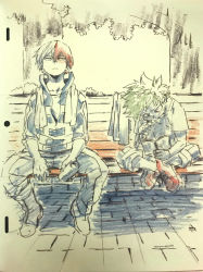 Rule 34 | 2boys, bench, blue legwear, blue pants, blue shirt, boku no hero academia, bottle, branch, burn scar, bush, collarbone, concentrating, curly hair, eyebrows, fingernails, freckles, green hair, gym uniform, hand on own face, highres, jacket, leaf, long sleeves, looking at another, male focus, marker (medium), midoriya izuku, multicolored hair, multiple boys, notebook, official art, pants, reading, red footwear, red hair, scar, scar across eye, scar on face, shirt, shoes, short hair, sitting, sleeves rolled up, sneakers, striped legwear, todoroki shouto, towel, towel around neck, track jacket, track pants, track suit, traditional media, tree, tree shade, two-tone hair, umakoshi yoshihiko, water, water bottle, white hair