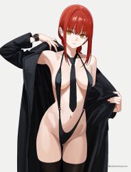 Rule 34 | 1girl, bikini, black bikini, breasts, chainsaw man, fingernails, groin, large breasts, legs together, long hair, looking at viewer, makima (chainsaw man), n3vermind, parted lips, red hair, ringed eyes, simple background, slingshot swimsuit, solo, standing, swimsuit, thigh gap, thighhighs, tie, unusual pupils, upper body, watch, wristwatch, yellow eyes