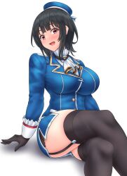 Rule 34 | 1girl, beret, black gloves, black hair, blue jacket, breasts, garter straps, gloves, hat, hiballista, highres, jacket, kantai collection, large breasts, looking at viewer, red eyes, sitting, smile, solo, takao (kancolle), thighs