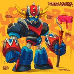 Rule 34 | character name, chibi, commentary, english commentary, english text, freakyfir, grendizer, highres, holding, horns, mazinger (series), mecha, mecha focus, no humans, paint roller, robot, science fiction, signature, solo, spikes, super robot, ufo robo grendizer, yellow eyes