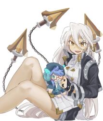 2girls blue_hair doll guardian_tales holding holding_doll jupitermu long_hair mad_scientist_gremory multiple_girls private_investigator_odile stuffed_toy thighs white_hair yellow_eyes