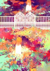 Rule 34 | 2girls, absurdres, commentary, eye contact, fence, flower, garden, gate, glowing, highres, long hair, looking at another, multiple girls, orange eyes, orange hair, original, outdoors, reflection, satomatoma, scenery, tree