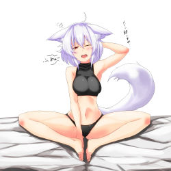 Rule 34 | 1girl, ahoge, animal ears, armpits, bare shoulders, barefoot, bed, black panties, blush, breasts, butterfly sitting, fang, feet, hand on own head, highres, inubashiri momiji, karaage (ta-na), knees apart feet together, large breasts, looking at viewer, midriff, navel, no shoes, one eye closed, panties, red eyes, saliva, short hair, silver hair, sitting, sleeveless, sleeveless turtleneck, solo, tail, toes, touhou, translation request, turtleneck, underwear, wink, wolf ears, wolf tail
