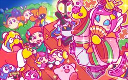 Rule 34 | 3boys, 4girls, adeleine, backwards hat, baseball cap, black hair, blue sclera, bow, bush, colored sclera, commentary request, elline (kirby), flower, flying sweatdrops, hat, hinadan, hinamatsuri, japanese clothes, jitome, king dedede, kirby, kirby: planet robobot, kirby (series), lalala (kirby), lololo (kirby), mask, meta knight, multicolored hair, multiple boys, multiple girls, nintendo, official art, pink hair, rayman limbs, red hat, red robe, robe, short hair, simirror, sparkle, spotlight, susie (kirby), sweatdrop, tate eboshi, tick tock jr., video camera, waddle dee, wizard hat, yellow bow