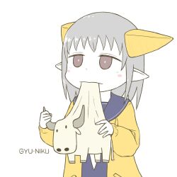 Rule 34 | 1girl, asymmetrical horns, biting, brown eyes, cardigan, commentary request, cow, diode (0 division), expressionless, grey hair, highres, horns, long sleeves, open cardigan, open clothes, original, school uniform, serafuku, short hair, simple background, solo, uneven horns, upper body, white background
