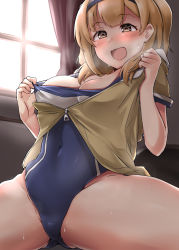 Rule 34 | 1girl, absurdres, blush, breasts, breath, brown eyes, commentary request, covered navel, curtains, gluteal fold, groin, hairband, highres, holding, i-26 (kancolle), indoors, kantai collection, kiritto, large breasts, light brown hair, long hair, looking at viewer, name tag, one-piece swimsuit, open clothes, open mouth, school swimsuit, sitting, smile, solo, spread legs, steam, sweat, swimsuit, swimsuit under clothes, thighs, two-tone hairband, two side up, undressing, window, zipper
