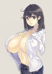 Rule 34 | 10s, 1girl, breasts, brown eyes, cleavage, gigantic breasts, highres, huge breasts, kantai collection, looking at viewer, muneneko, open clothes, open shirt, parted lips, pink background, shirt, simple background, solo, ushio (kancolle)