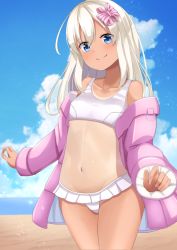 Rule 34 | 1girl, beach, bikini, bikini skirt, blonde hair, blue eyes, blue sky, breasts, cloud, commentary request, cowboy shot, day, frilled skirt, frills, hair ribbon, highres, horizon, jacket, kantai collection, long hair, looking at viewer, ocean, off-shoulder jacket, off shoulder, official alternate costume, one-piece tan, open clothes, open jacket, outdoors, pink jacket, ribbon, ro-500 (kancolle), skirt, sky, small breasts, smile, solo, standing, swimsuit, tan, tanline, totoraisu, white bikini