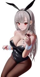 Rule 34 | 1girl, absurdres, animal ears, bare arms, bare shoulders, black leotard, black nails, breasts, brown pantyhose, cleavage, commission, covered navel, cup, drinking glass, fake animal ears, grey hair, grin, hairband, highres, holding, large breasts, leotard, long hair, looking at viewer, myabit, nail polish, original, pantyhose, playboy bunny, rabbit ears, red eyes, second-party source, shiny clothes, shio (shirone), simple background, sitting, smile, solo, strapless, strapless leotard, white background, wine glass, wrist cuffs