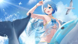 Rule 34 | 1girl, absurdres, arm up, bikini, bird, blue eyes, blue hair, blue sky, breasts, character request, cloud, cloudy sky, dolphin, eagle, highres, indie virtual youtuber, nakaneabura8623, navel, one eye closed, short hair, sky, small breasts, stomach, sun, swimsuit, virtual youtuber