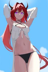 Rule 34 | 1girl, absurdres, arknights, armpits, arms behind head, arms up, bikini, black bikini, blue sky, cloud, criss-cross halter, day, demon girl, demon horns, hair intakes, halterneck, highres, horns, long hair, natoriusu sansei, navel, official alternate costume, outdoors, purple eyes, red hair, sky, solo, standing, stomach, surtr (arknights), surtr (colorful wonderland) (arknights), swimsuit, swimsuit cover-up