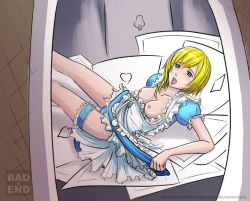 Rule 34 | alice in wonderland, apron, badxend, blonde hair, blue eyes, blue panties, breasts, breasts out, card, clothes lift, cosplay, dress, dress lift, kingdom hearts, kingdom hearts ii, namine, nipples, open mouth, panties, underwear