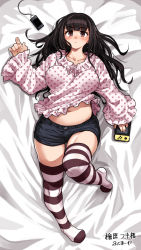 Rule 34 | 1girl, :/, bed sheet, belly, black hair, blouse, blush, breasts, brown eyes, cellphone, charger, collarbone, dakimakura (medium), dated, frilled sleeves, frills, fukumaaya, full body, handheld game console, highres, holding, holding handheld game console, knee up, large breasts, long hair, long sleeves, looking at viewer, lying, messy hair, midriff, navel, nintendo, nintendo switch, no shoes, on back, original, phone, plump, shirt, short shorts, shorts, sleeves past wrists, smartphone, solo, star (symbol), star print, striped clothes, striped thighhighs, thighhighs