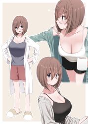 Rule 34 | 1girl, black camisole, black shorts, blush, breasts, brown hair, camisole, cleavage, coffee mug, collarbone, cropped legs, cup, full body, hair between eyes, highres, ikari manatsu, kamihira mao, large breasts, leaning forward, looking at viewer, mug, multiple views, open clothes, original, purple camisole, red shorts, shorts, simple background, slippers, smile, upper body, white camisole