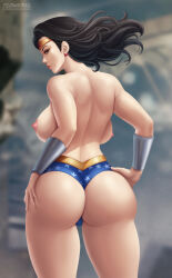 1girl absurdres ass back black_hair blue_panties bracelet breasts curvy dc_comics flowerxl hands_on_own_hips highres huge_ass jewelry justice_league large_breasts long_hair looking_at_viewer nipples panties solo thighs toned_female topless_female underwear watermark web_address wonder_woman