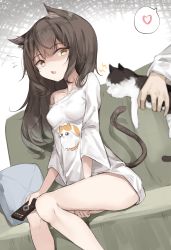 Rule 34 | ^^^, 1boy, 1girl, 7gao, animal, animal ear fluff, animal ears, bare legs, breasts, brown eyes, brown hair, cat, cat ears, cat girl, cat tail, collarbone, commentary, controller, couch, feet out of frame, glaring, heart, highres, holding, holding animal, holding cat, long hair, long sleeves, no pants, off shoulder, on couch, original, pillow, print shirt, remote control, shaded face, shirt, sideways glance, single bare shoulder, sitting, small breasts, solo focus, speech bubble, spoken heart, tail, white hair