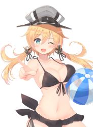 Rule 34 | 10s, 1girl, :d, anchor hair ornament, aqua eyes, ball, beachball, bikini, black bikini, black ribbon, blonde hair, blush, breast press, breasts, cleavage, collarbone, hair ornament, halterneck, hat, highres, holding, index finger raised, kagerou (shadowmage), kantai collection, long hair, medium breasts, navel, one eye closed, open mouth, peaked cap, pointing, prinz eugen (kancolle), ribbon, simple background, smile, solo, swimsuit, teeth, twintails, white background