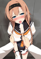 Rule 34 | 10s, 1girl, admiral (kancolle), against wall, bad id, bad pixiv id, blue eyes, blush, braid, grabbing another&#039;s breast, breasts, brown hair, clothes writing, cocona (coconacafe), cowboy shot, feeding, food, gloves, grabbing, groping, hairband, highres, kantai collection, licking, long hair, long sleeves, looking at viewer, military, military uniform, miniskirt, nose blush, pleated skirt, popsicle, pov, pov feeding, pov hands, school uniform, serafuku, sexually suggestive, short sleeves, skirt, skirt hold, teruzuki (kancolle), thighhighs, tongue, tongue out, twin braids, uniform, white thighhighs, zettai ryouiki