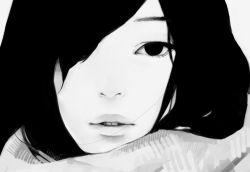 Rule 34 | 1girl, bad id, bad pixiv id, black hair, black theme, close-up, expressionless, greyscale, hair over one eye, looking at viewer, monochrome, original, parted lips, portrait, scarf, solo, tae, teeth, white theme