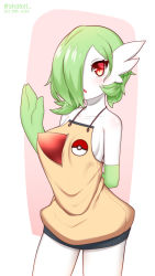 Rule 34 | 1girl, absurdres, akatori (redbird), arm behind back, artist name, bare shoulders, blush, breasts, collarbone, colored skin, cowboy shot, creatures (company), dated, dress, female focus, game freak, gardevoir, gen 3 pokemon, green hair, green skin, hair over one eye, hand up, highres, looking at viewer, medium breasts, multicolored skin, nintendo, open mouth, pink background, poke ball symbol, poke ball theme, pokemon, pokemon (creature), red eyes, short dress, short hair, simple background, sleeveless, sleeveless dress, solo, spaghetti strap, standing, twitter username, two-tone background, two-tone skin, watermark, waving, white skin