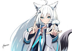 Rule 34 | 1girl, ahoge, animal ears, blue eyes, blush, breasts, closed mouth, coat, crossed fingers, dated, fox ears, fox shadow puppet, fox tail, fur-trimmed coat, fur trim, hair between eyes, hair ornament, hairclip, highres, hololive, hz (helu 2), jewelry, long hair, looking at viewer, necklace, official alternate costume, open clothes, open coat, shirakami fubuki, shirakami fubuki (fubukitek), shirt, signature, simple background, small breasts, smile, solo, straight hair, tail, upper body, virtual youtuber, white background, white coat, white hair, white shirt