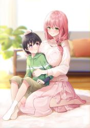 Rule 34 | 1boy, 1girl, absurdres, ahoge, beige shorts, black hair, blurry, blurry background, blush, braid, breast press, breasts, child, closed mouth, commentary request, couch, green eyes, green hoodie, hair between eyes, hand on another&#039;s head, highres, hood, hoodie, indoors, large breasts, long hair, long skirt, looking at another, low-tied long hair, navy (navy.blue), original, pillow, pink hair, pink skirt, pink sweater, plant, purple eyes, shorts, single braid, sitting, skirt, smile, sweater, wooden floor