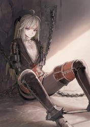 Rule 34 | 1girl, against wall, ahoge, arms behind back, belt, blonde hair, boots, bound, chain, cross-laced clothes, cuffs, dungeon, fantasy, feet out of frame, flat chest, gloves, grin, highres, jun (navigavi), leather, long hair, looking at viewer, original, pantyhose, purple eyes, shackles, sitting, smile, solo, spreader bar, sword breaker (navigavi), thigh boots, thighhighs, tied up (nonsexual)
