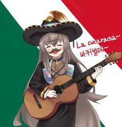 Rule 34 | breasts, closed eyes, fx-05 (girls&#039; frontline), girls&#039; frontline, guitar, hat, highres, instrument, long hair, mexican dress, mexican flag, mexico, solo, sombrero, very long hair