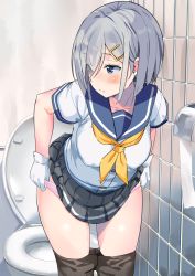 Rule 34 | 10s, 1girl, bathroom, black pantyhose, blue eyes, blush, breasts, buttons, collarbone, covered erect nipples, gloves, hair ornament, hair over one eye, hairclip, hamakaze (kancolle), kantai collection, large breasts, leaning forward, looking back, maji (etonato), neckerchief, panties, panty pull, pantyhose, pink panties, pleated skirt, school uniform, serafuku, short hair, short sleeves, silver hair, skirt, solo, toilet, toilet paper, underwear, white gloves, yellow neckerchief