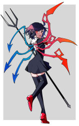 Rule 34 | 1girl, asymmetrical wings, black hair, black thighhighs, blue wings, from behind, full body, grey background, high heels, highres, holding, holding polearm, holding weapon, houjuu nue, looking at viewer, looking back, miko (miko030751), one-hour drawing challenge, open mouth, pointy ears, polearm, red eyes, red footwear, red wings, short hair, simple background, solo, teeth, thighhighs, touhou, trident, upper teeth only, weapon, wings