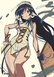 Rule 34 | 1girl, absurdly long hair, animal ears, aquaplus, bare shoulders, bcm, black hair, breasts, brown eyes, cleavage, closed mouth, feet out of frame, from below, full body, gradient eyes, green one-piece swimsuit, hair between eyes, hand fan, highres, holding, holding fan, holding weapon, kuon (utawarerumono), kuon waves-enticing fan, large breasts, long hair, looking at viewer, midriff peek, multicolored eyes, one-piece swimsuit, ponytail, sidelocks, sketch, sleeveless, smile, solo, swept bangs, swimsuit, thighs, underboob, utawarerumono, utawarerumono: itsuwari no kamen, utawarerumono: lost flag, variations, very long hair, weapon, wristband