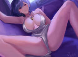 Rule 34 | 1girl, ass, azur lane, bad id, bad pixiv id, bare legs, blue hair, blurry, breasts, chinese commentary, collarbone, depth of field, diamond (gemstone), dress, gem, highres, indoors, jewelry, large breasts, lips, long hair, looking at viewer, nail polish, necklace, parted lips, piuta, purple eyes, signature, sitting, solo, spread legs, st. louis (azur lane), st. louis (luxurious wheels) (azur lane), thighs, white dress