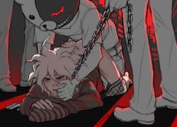 Rule 34 | 4boys, anal, bear mask, blush, chain, chained, clothes pull, collar, commentary, cum, cum on ass, danganronpa (series), danganronpa another episode: ultra despair girls, english commentary, finger in another&#039;s mouth, green shirt, hair between eyes, komaeda nagito, male focus, male penetrated, male underwear, mask, messy hair, metal collar, mittens, monokuma, multiple boys, pants, pants pull, rape, red background, red shirt, servant (danganronpa), shirt, shoes, short sleeves, standing, striped clothes, striped shirt, sweat, top-down bottom-up, underwear, white shirt, yandr4hope, yaoi