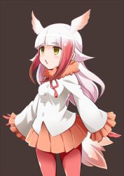 Rule 34 | 1girl, :o, blunt bangs, blush, commentary request, fur collar, gloves, head wings, japanese crested ibis (kemono friends), kemono friends, long hair, long sleeves, misashi (raichi821), multicolored hair, open mouth, orange skirt, pantyhose, pleated skirt, red gloves, red hair, red pantyhose, shirt, skirt, solo, tail, two-tone hair, white hair, wings, yellow eyes