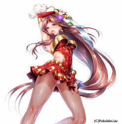 Rule 34 | 1girl, arm up, bad id, bad tumblr id, blush, breasts, character request, copyright request, earrings, female focus, fishnet pantyhose, fishnets, flower, hair flower, hair ornament, headband, hizuki akira, jewelry, large breasts, long hair, looking at viewer, nail polish, open mouth, panties, pantyhose, pantyshot, red eyes, red hair, simple background, solo, sword, underwear, very long hair, weapon, white background, white panties