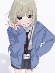 Rule 34 | 1girl, black eyes, blonde hair, blue hoodie, blunt bangs, blush, collared shirt, drawstring, fingernails, hair between eyes, hamafugu, highres, hood, hoodie, jacket, legs, long fingernails, long sleeves, looking at viewer, loose necktie, nail polish, name tag, necktie, open clothes, open jacket, open mouth, original, partially unbuttoned, pink nails, pleated skirt, school uniform, shadow, shirt, short hair, simple background, skirt, smile, solo, standing, swept bangs, teeth, unzipped, v, white background, white shirt