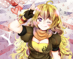Rule 34 | 1girl, ;d, ahoge, anchor, black gloves, blonde hair, blush, breasts, brown top, bullet, cleavage, female focus, fingerless gloves, gauntlets, gloves, heart, highres, long hair, looking at viewer, neckerchief, one eye closed, open mouth, orange neckerchief, polka dot, polka dot background, purple eyes, revanche, rwby, smile, solo, tongue, tongue out, weapon, wink, yang xiao long, yellow gauntlets