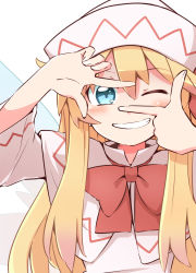 Rule 34 | 1girl, absurdres, blonde hair, bow, bowtie, bright pupils, capelet, grin, hat, highres, lily white, long hair, looking at viewer, one eye closed, simple background, smile, solo, touhou, v over eye, white background, white capelet, white hat, white pupils, yutamaro