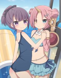 Rule 34 | 2girls, ass, bare shoulders, bikini, bikini skirt, black bow, blue bikini, blue eyes, blue one-piece swimsuit, blue sky, blurry, blurry background, blush, bow, breasts, cleavage, closed mouth, cloud, day, depth of field, double bun, fate/grand order, fate (series), frankenstein&#039;s monster (fate), frankenstein&#039;s monster (swimsuit saber) (second ascension) (fate), hair bow, hair bun, hair ornament, helena blavatsky (fate), helena blavatsky (swimsuit archer) (fate), helena blavatsky (swimsuit archer) (first ascension) (fate), heterochromia, highres, holding hands, horns, interlocked fingers, looking at viewer, looking to the side, multiple girls, navel, ocean, one-piece swimsuit, pink hair, ponytail, purple eyes, purple hair, sapphire (sapphire25252), school swimsuit, short hair, side bun, single horn, single side bun, sky, small breasts, smile, swimsuit, water, yellow eyes