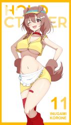 Rule 34 | 1girl, :3, absurdres, animal ears, animal hands, apron, bandaid, bare shoulders, bone hair ornament, braid, breasts, brown eyes, brown hair, cartoon bone, cleavage, collar, contrapposto, crop top, daydarion, dog ears, dog girl, dog tail, doggy god&#039;s street, fangs, feet out of frame, gloves, groin, hair ornament, hands on own hips, highres, hololive, inugami korone, long hair, looking at viewer, loose socks, low twin braids, medium breasts, midriff, numbered, one eye closed, open mouth, paw gloves, red collar, red socks, simple background, smile, socks, solo, spiked collar, spikes, tail, twin braids, underboob, virtual youtuber, visor cap, waist apron