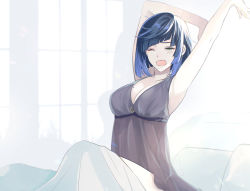 Rule 34 | 1girl, armpits, arms up, bare arms, blanket, blue hair, blush, bob cut, breasts, cleavage, collarbone, diagonal bangs, dress, drop shadow, genshin impact, green eyes, halter dress, halterneck, knee up, large breasts, messy hair, mole, mole on breast, nightgown, on bed, one eye closed, open mouth, pillow, see-through, short hair, sidelocks, sitting, sleepwear, sleeveless, solo, stretching, tarou (you-0512), under covers, upper body, waking up, white background, window shadow, yawning, yelan (genshin impact)
